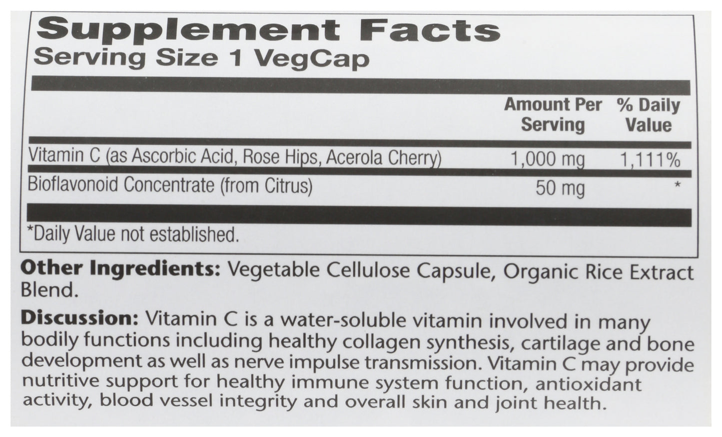 Solaray Vitamin C with Bioflavonoid Concentrate 1000mg 250 VegCaps Back of Bottle