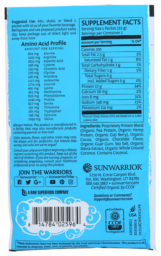 Sunwarrior Protein Powder Warrior Blend Chocolate Flavor 0.9oz Back of Packet