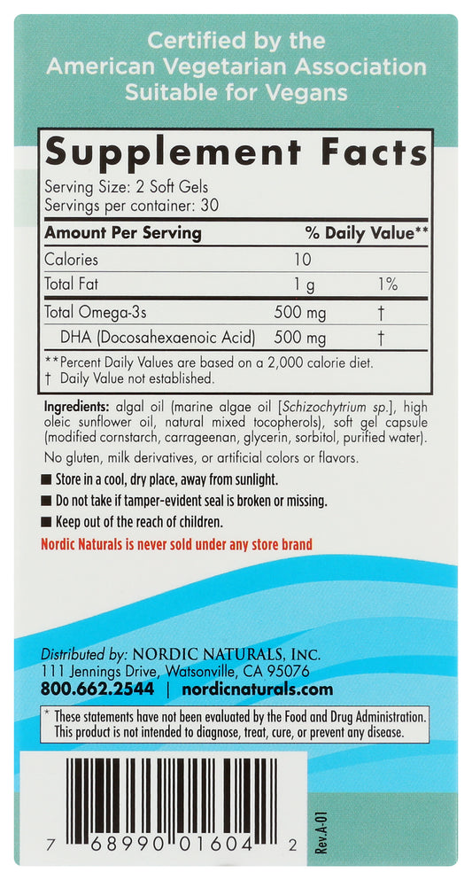 Nordic Naturals Algae DHA 500 mg 60 Soft Gels Back of Box