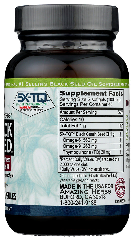 Amazing Herbs Black Seed Oil 500mg 90 Softgel Capsules Back of Bottle