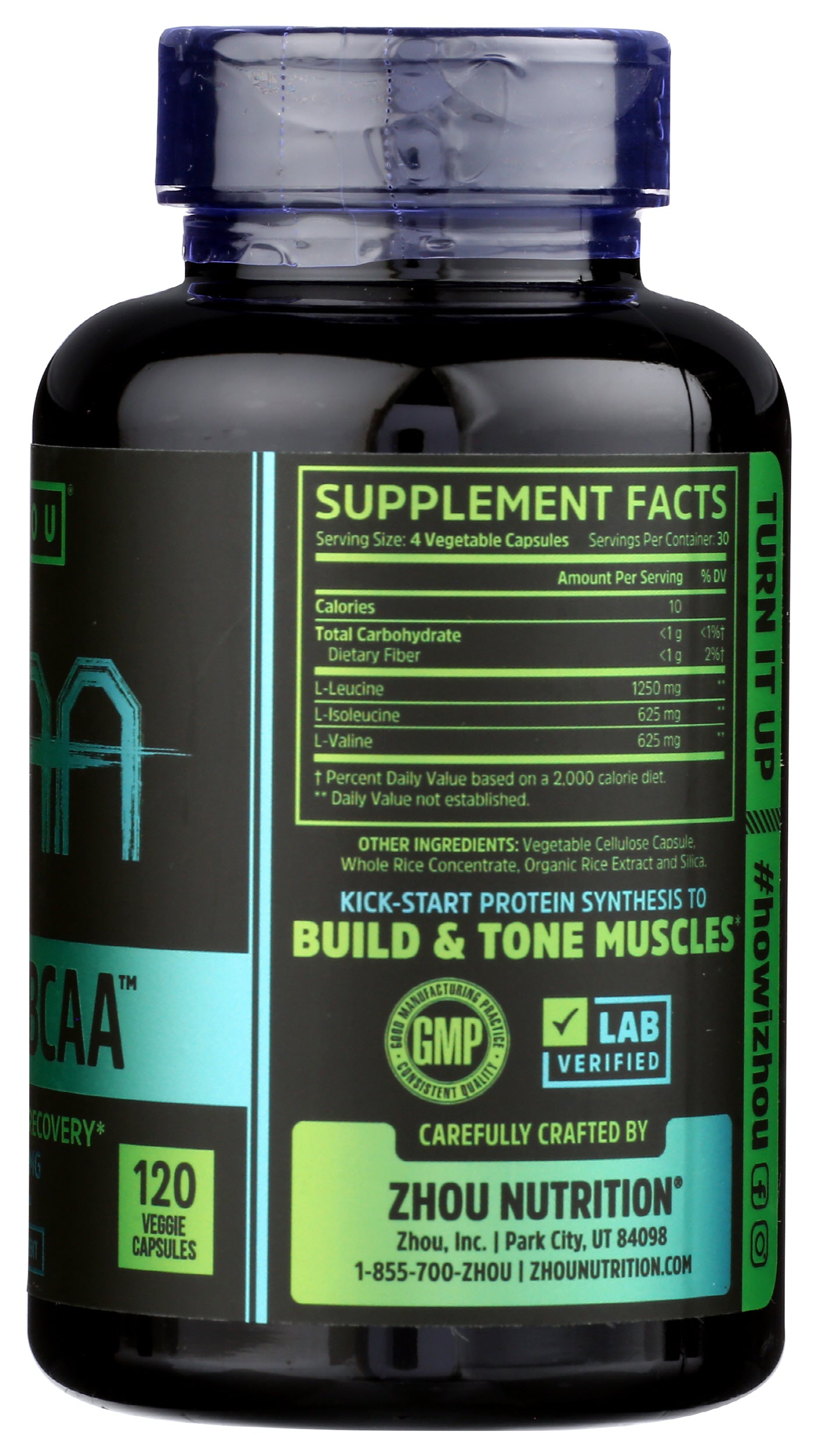 Zhou Muscle BCAA 2,500mg 120 Veggie Capsules Back of Bottle