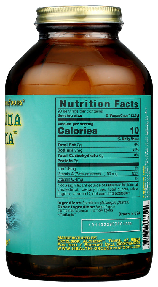 HealthForce SuperFoods Spirulina Manna 450 Vegan Caps Back of Bottle