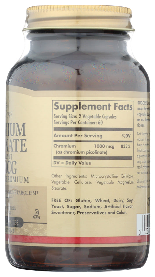 Solgar Chromium Picolinate 500mcg 120 Vegetable Capsules Back of Bottle