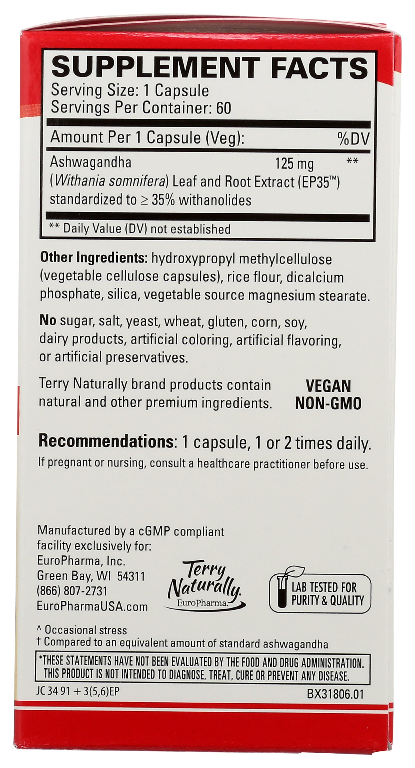 Terry Naturally Ashwagandha EP35 Extra Strength 60 Capsules Back of Box