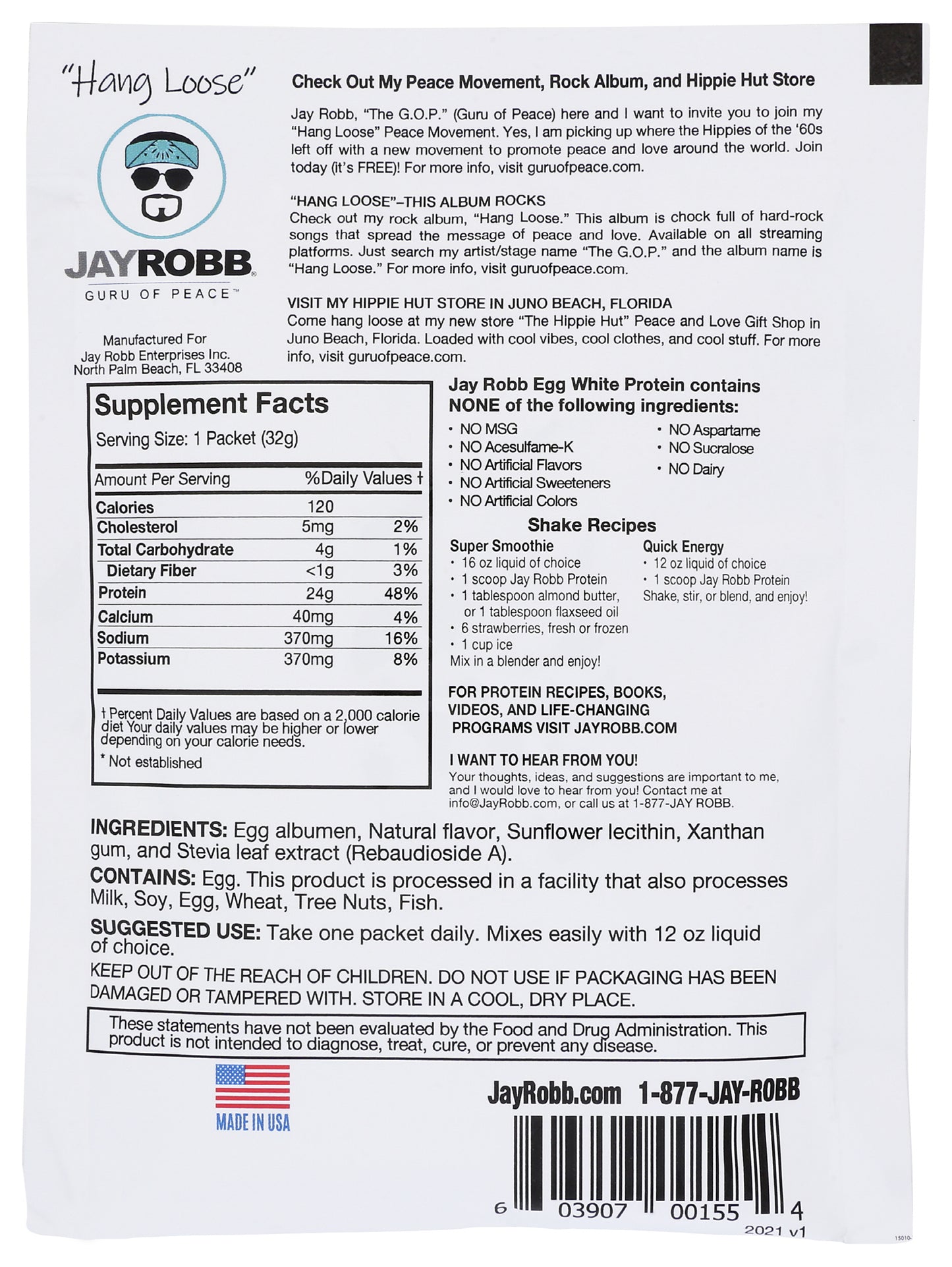 Jay Robb Vanilla Flavored Egg White Protein Powder 32g Back of Bag
