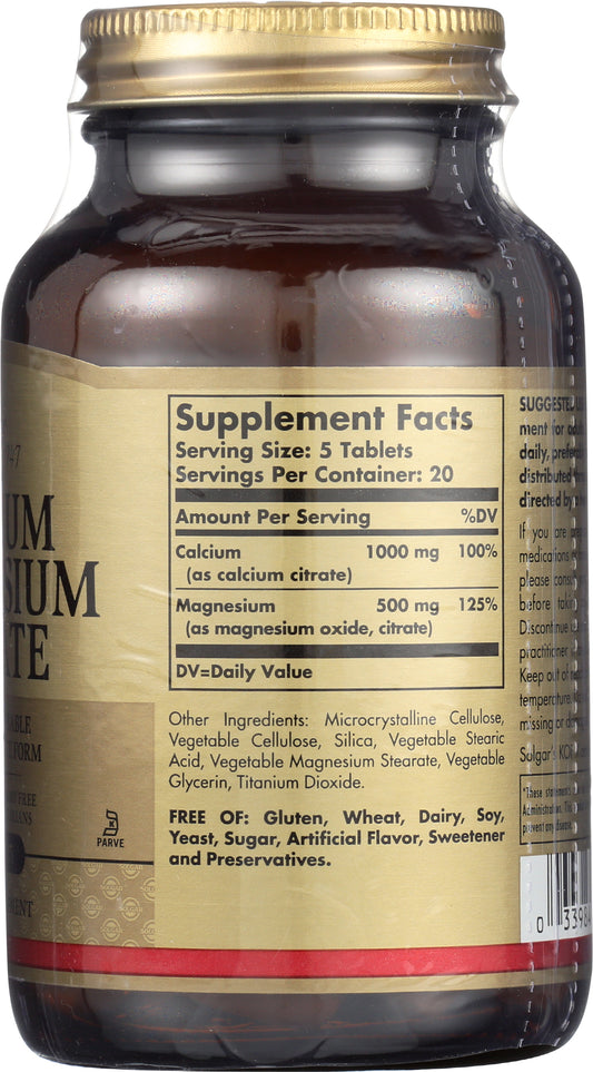 Solgar Calcium Magnesium Citrate 100 Tablets Back of Bottle