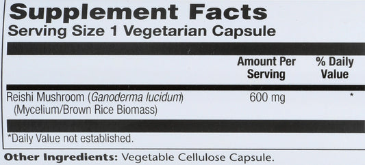 Solaray Reishi 600mg 100 VegCaps Back of Bottle