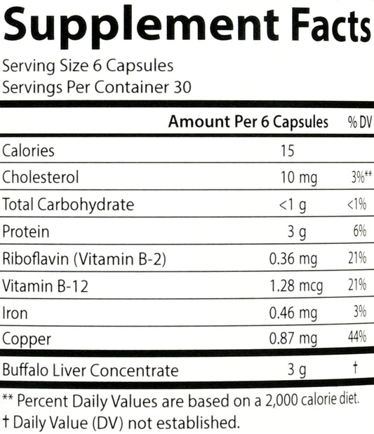 Carlson Buffalo Liver with Iron & Copper 180 Capsules Back of Bottle