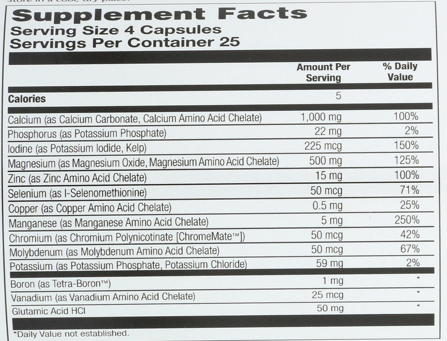 Solaray Mega Multi Mineral + Overall Health 100 Capsules Back of Bottle