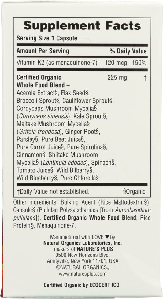 NaturesPlus Source of Life Garden Vitamin K2 60 Vegan Capsules Back of Box