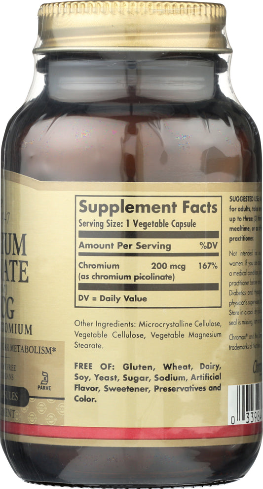 Solgar Chromium Picolinate 200mcg 90 Vegetable Capsules Back of Bottle