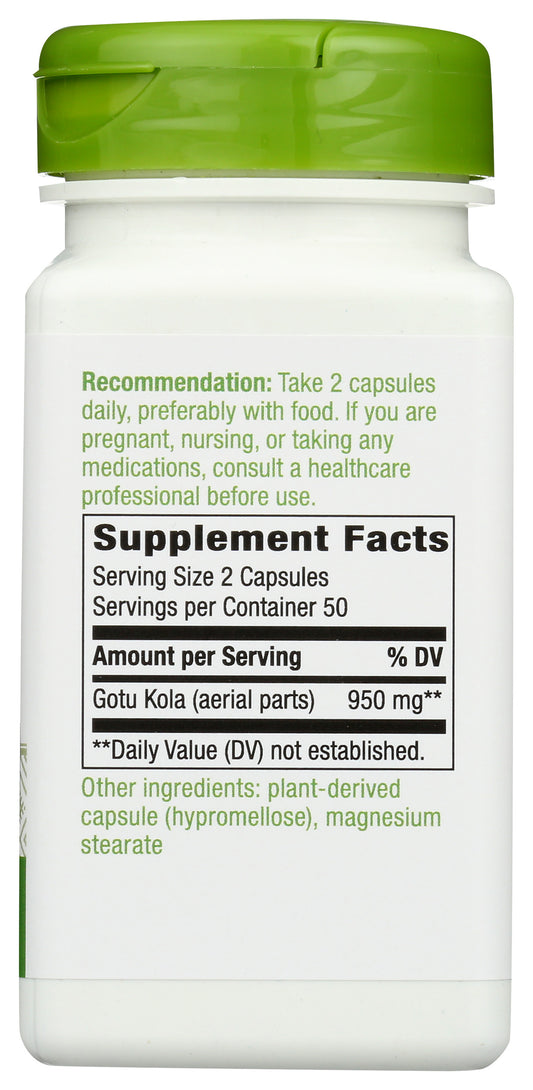 Nature's Way Gotu Kola 950 mg 100 Vegan Capsules Back of Bottle