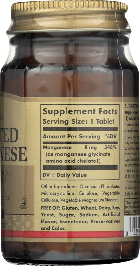 Solgar Chelated Manganese 100 Tablets Back of Bottle