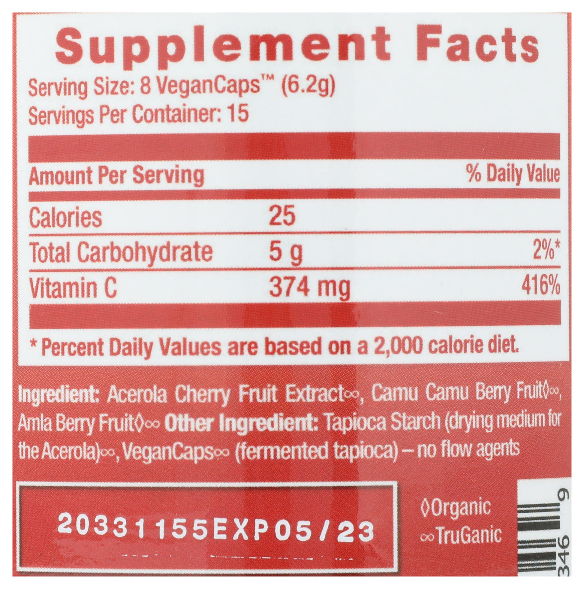 HealthForce SuperFoods Vitamin C 120 Vegan Capsules Back of Bottle