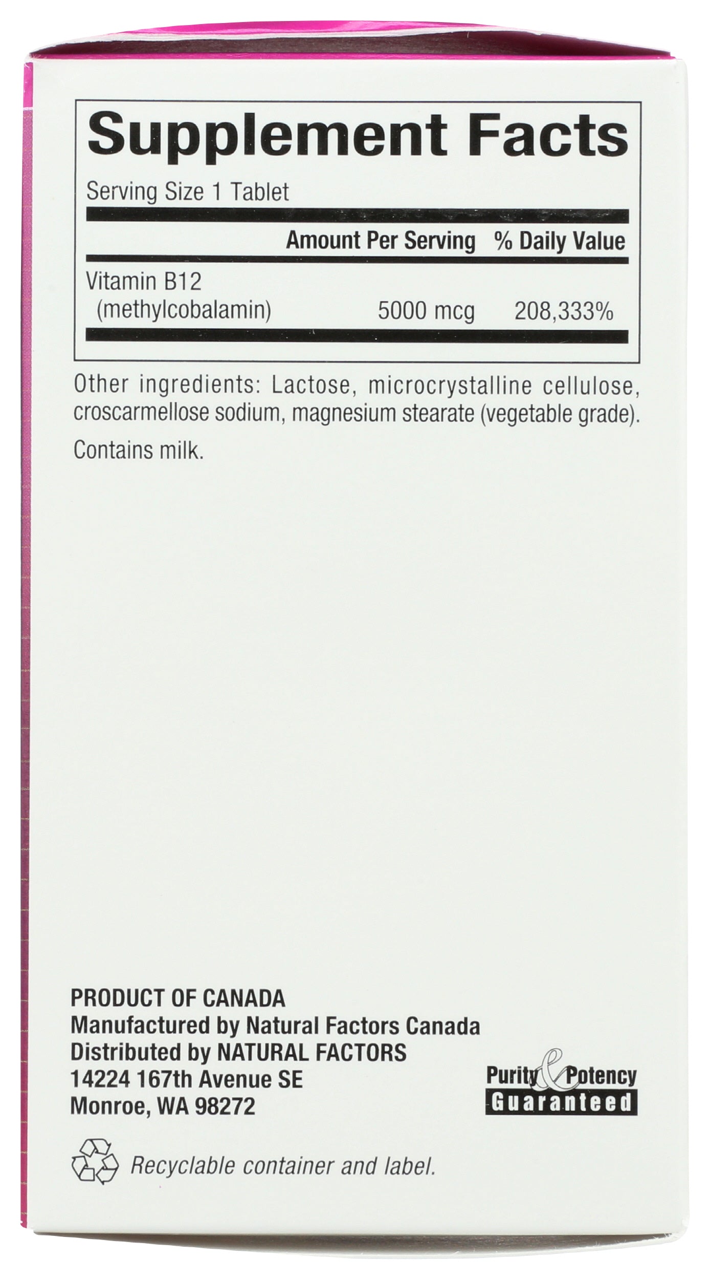 Natural Factors Methylcobalamin 5000 mcg 60 Tablets Back of Box