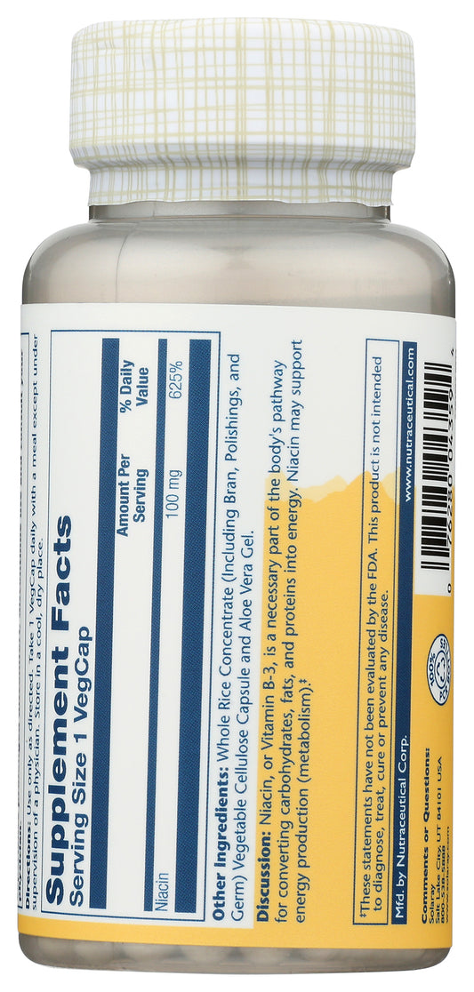Solaray Niacin 100 mg 100 Vegcaps Back of Bottle