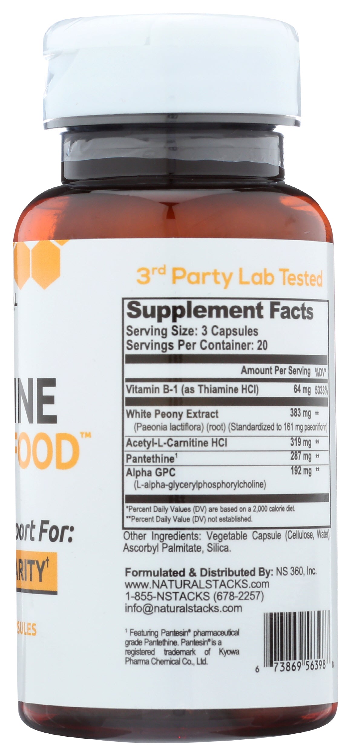 Natural Stacks Acetyl-choline Brain Food 60 Vegetarian Capsules Back of Bottle