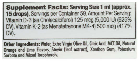 KAL D-3 + K-2 2 Fl Oz Back of Bottle