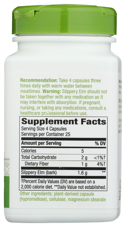 Nature's Way Slippery Elm Bark 1,600 mg 100 Vegan Capsules Back of Bottle