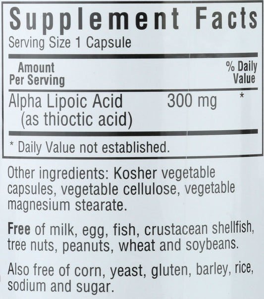 Bluebonnet Alpha Lipoic Acid 300mg 60 Vegetable Capsules Back