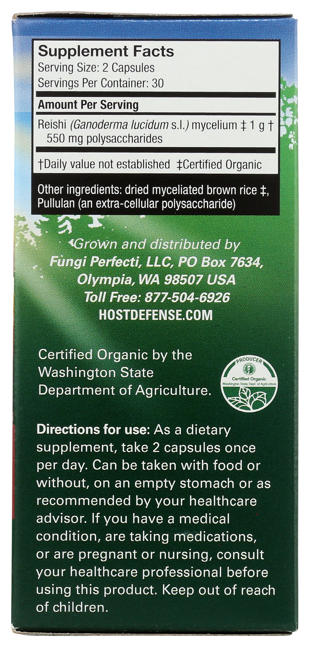 Host Defense Reishi 60 Vegetarian Capsules Back of Box