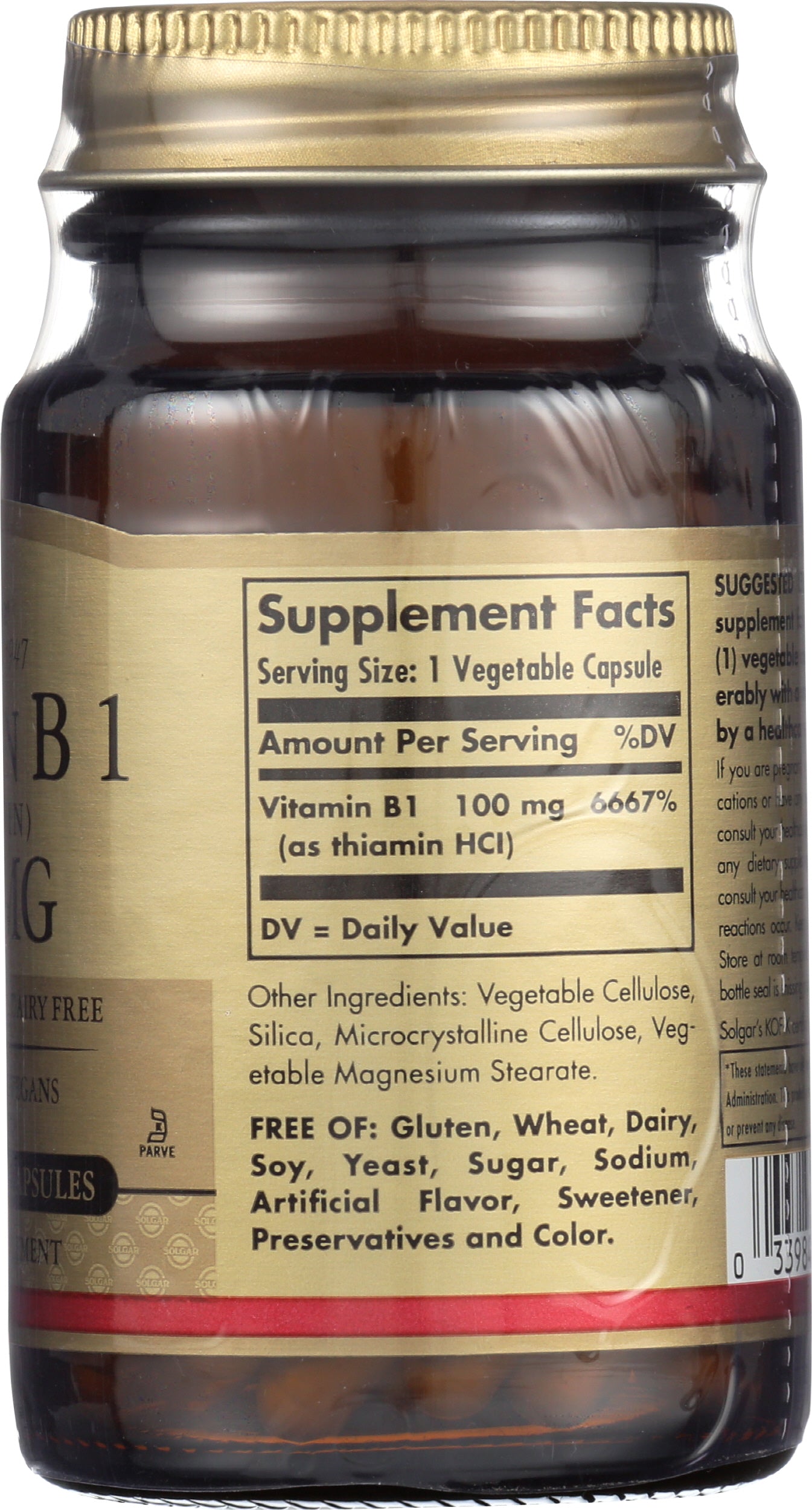 Solgar Vitamin B 1 (Thiamin) 100 mg 100 Capsules Back of Bottle