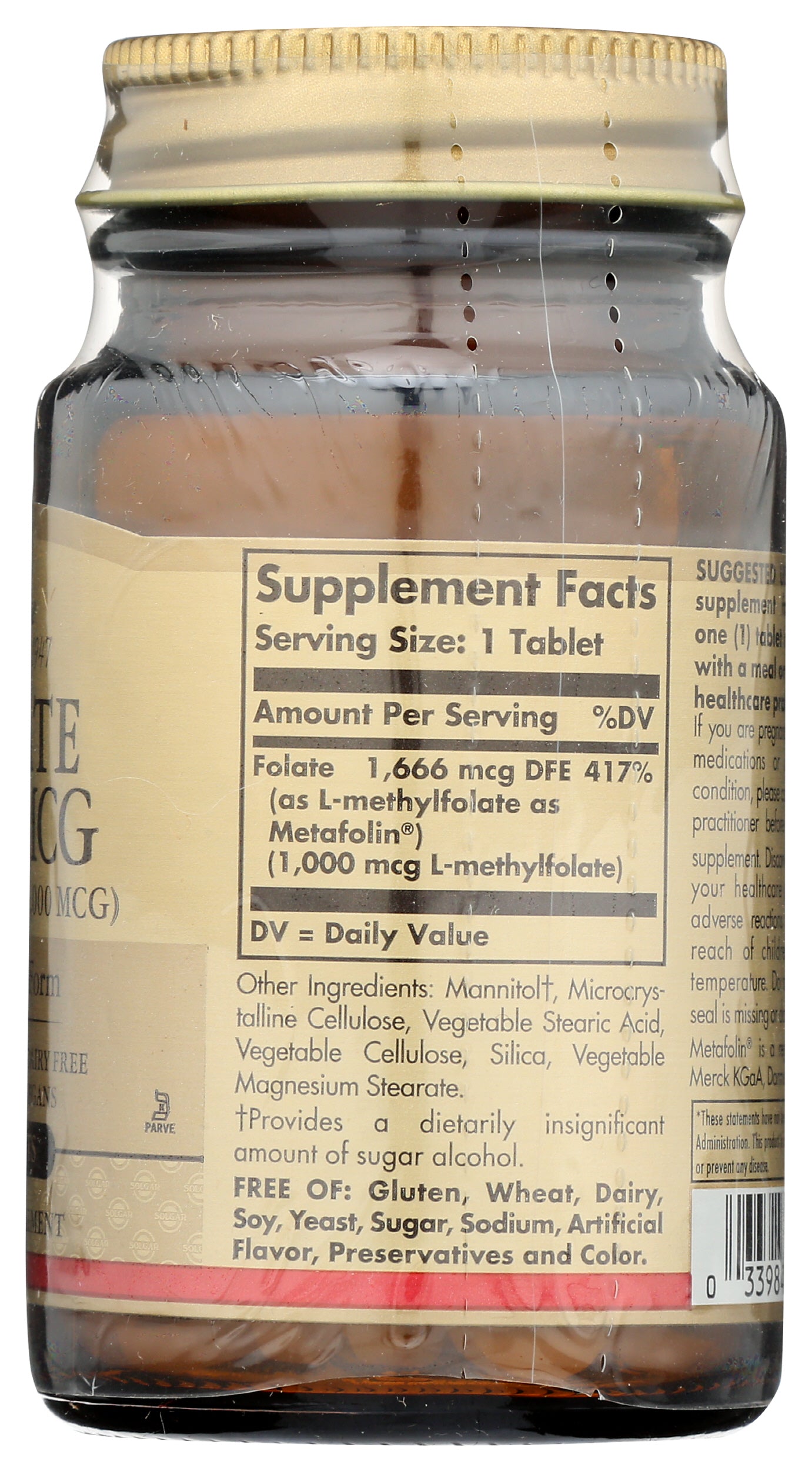 Solgar Folate 1000 mcg (Metafolin 1,000 mcg) 60 Tablets Back of Bottle