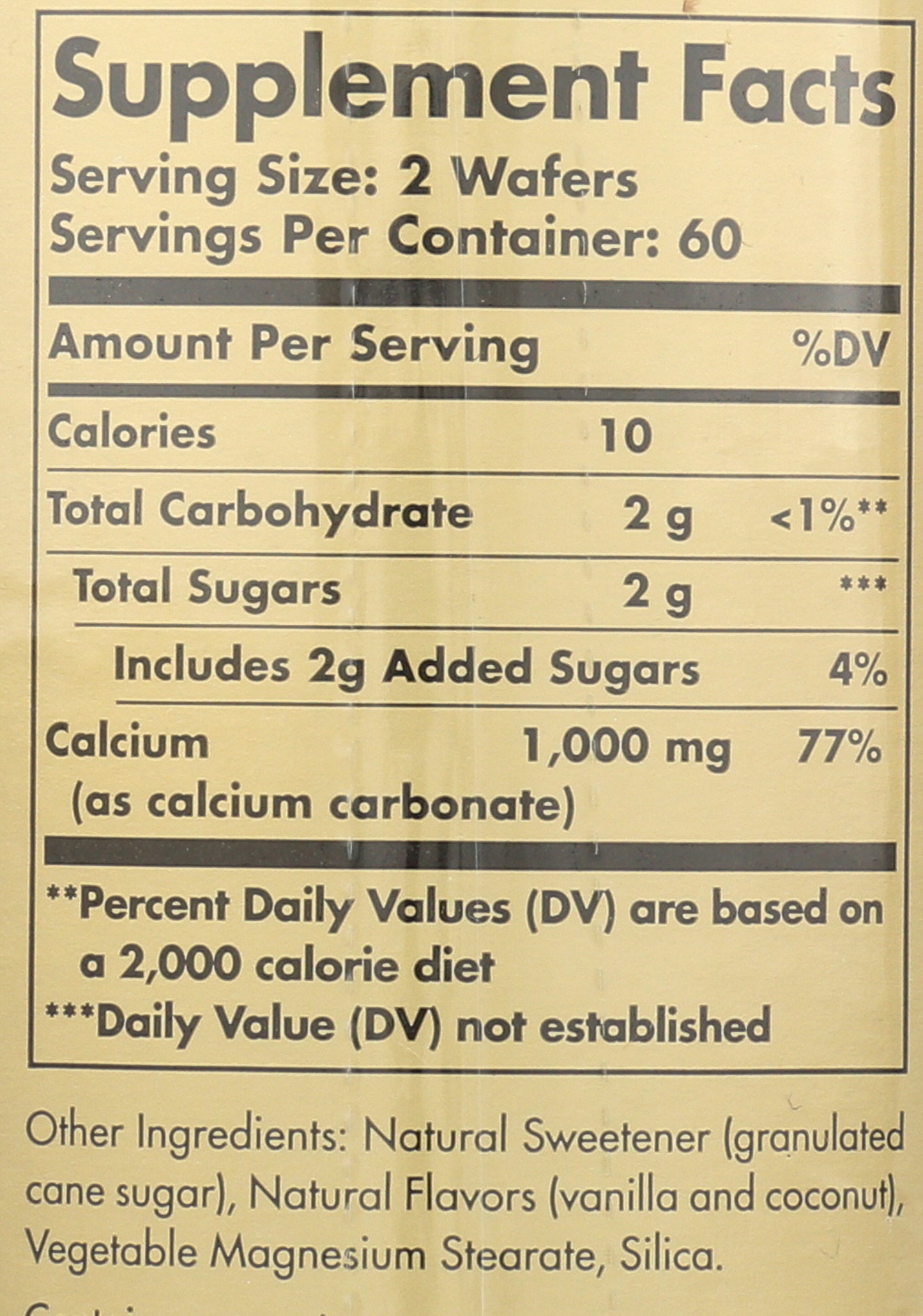 Solgar Chewable Calcium 500mg 120 Wafers Back of Bottle