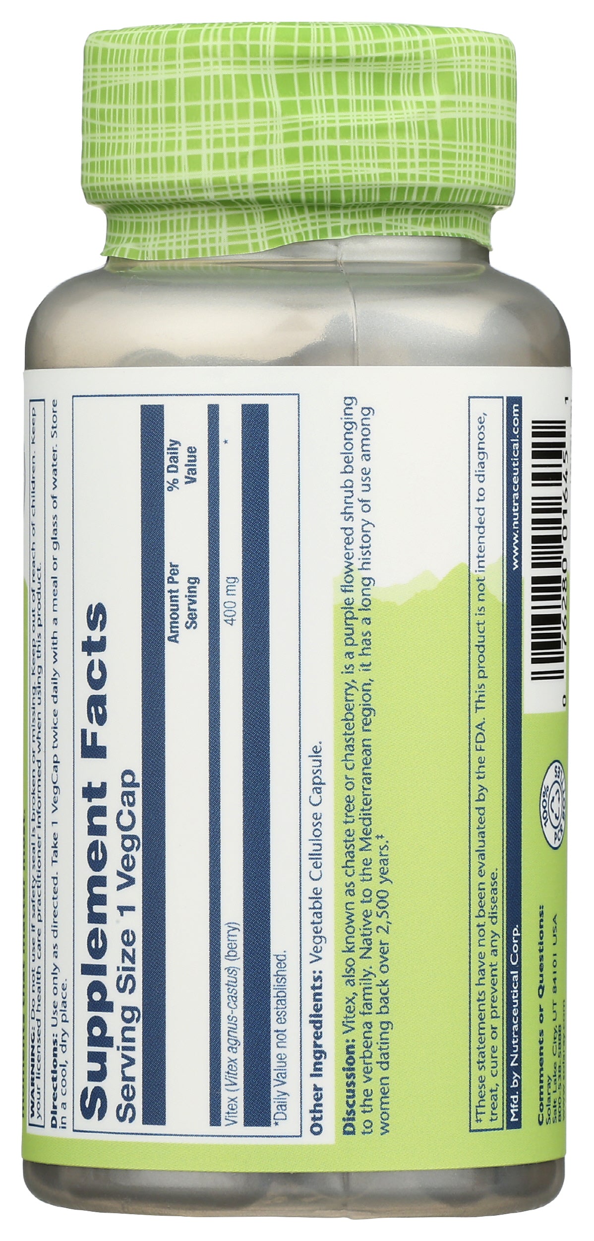 Solaray Vitex 400 mg 100 VegCaps Back of Bottle