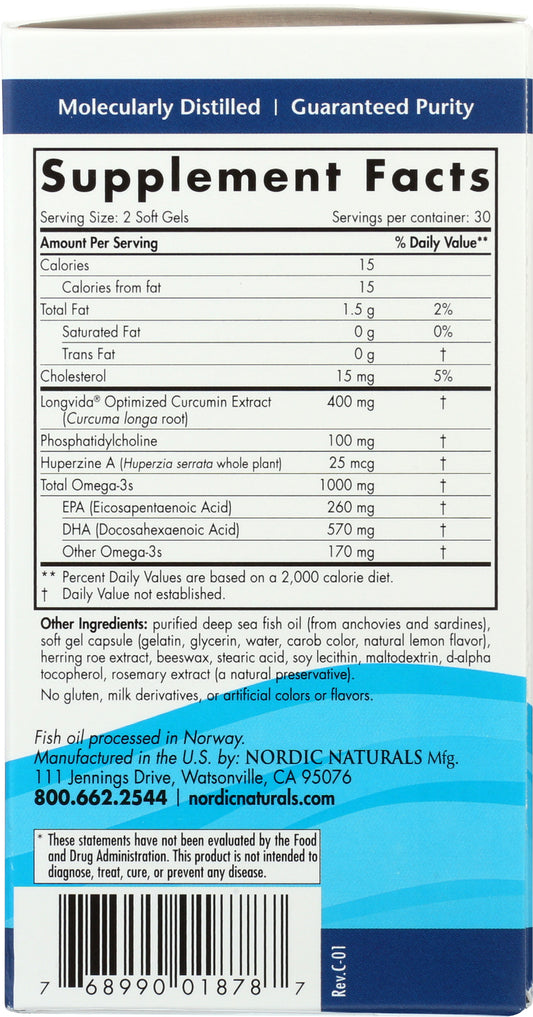 Nordic Naturals Omega Memory with Curcumin 60 Soft Gels Back of Box