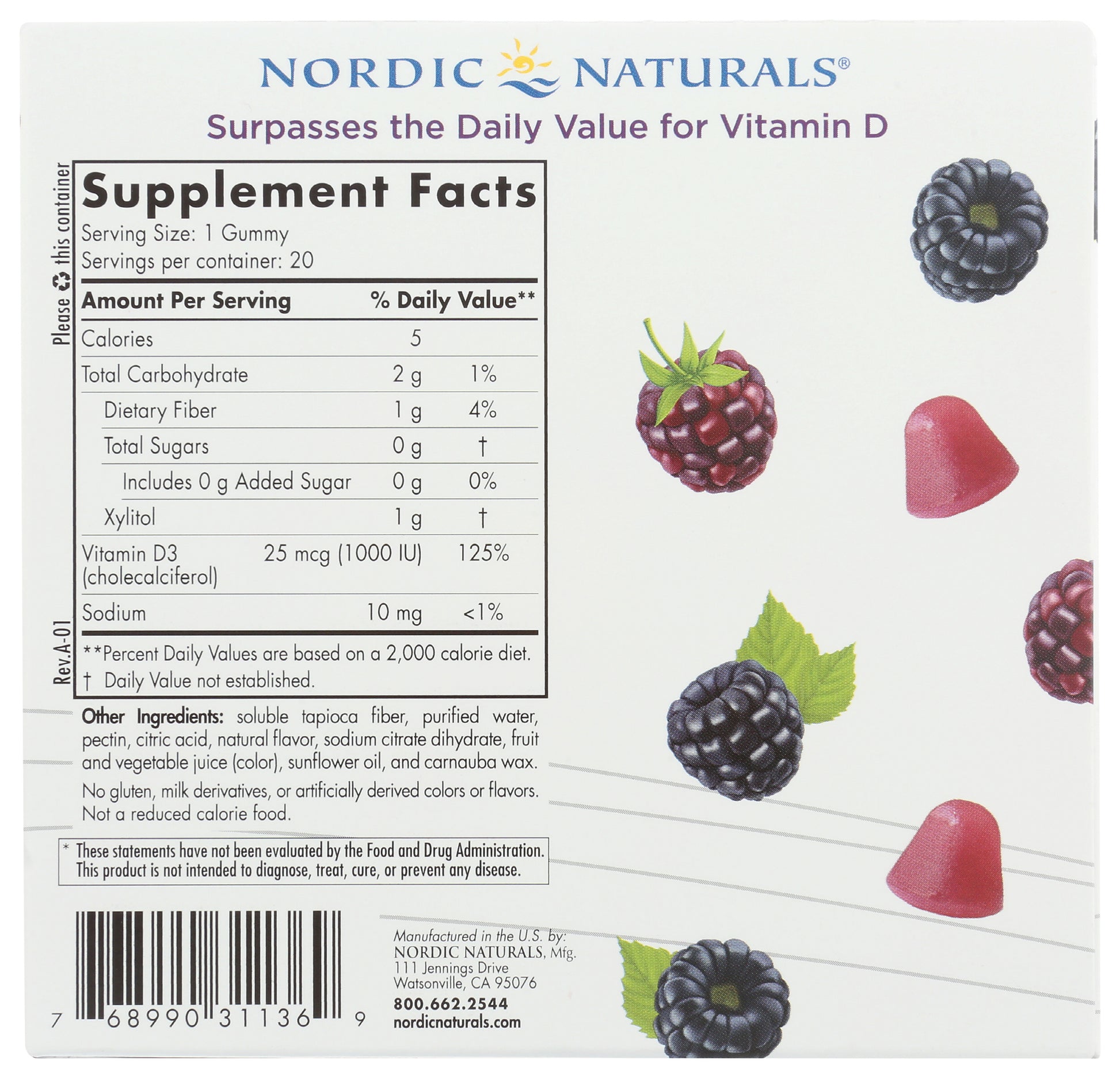 Nordic Naturals Zero Sugar Vitamin D3 1,000 IU 20 Gummies Back of Bottle
