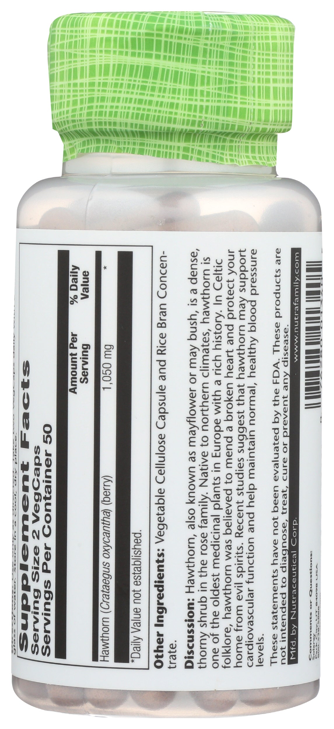 Solaray Hawthorn 1050 mg 100 VegCaps Back of Bottle