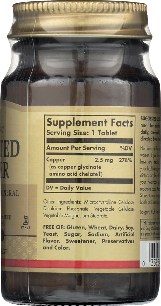 Solgar Chelated Copper 100 Tablets Back of Bottle