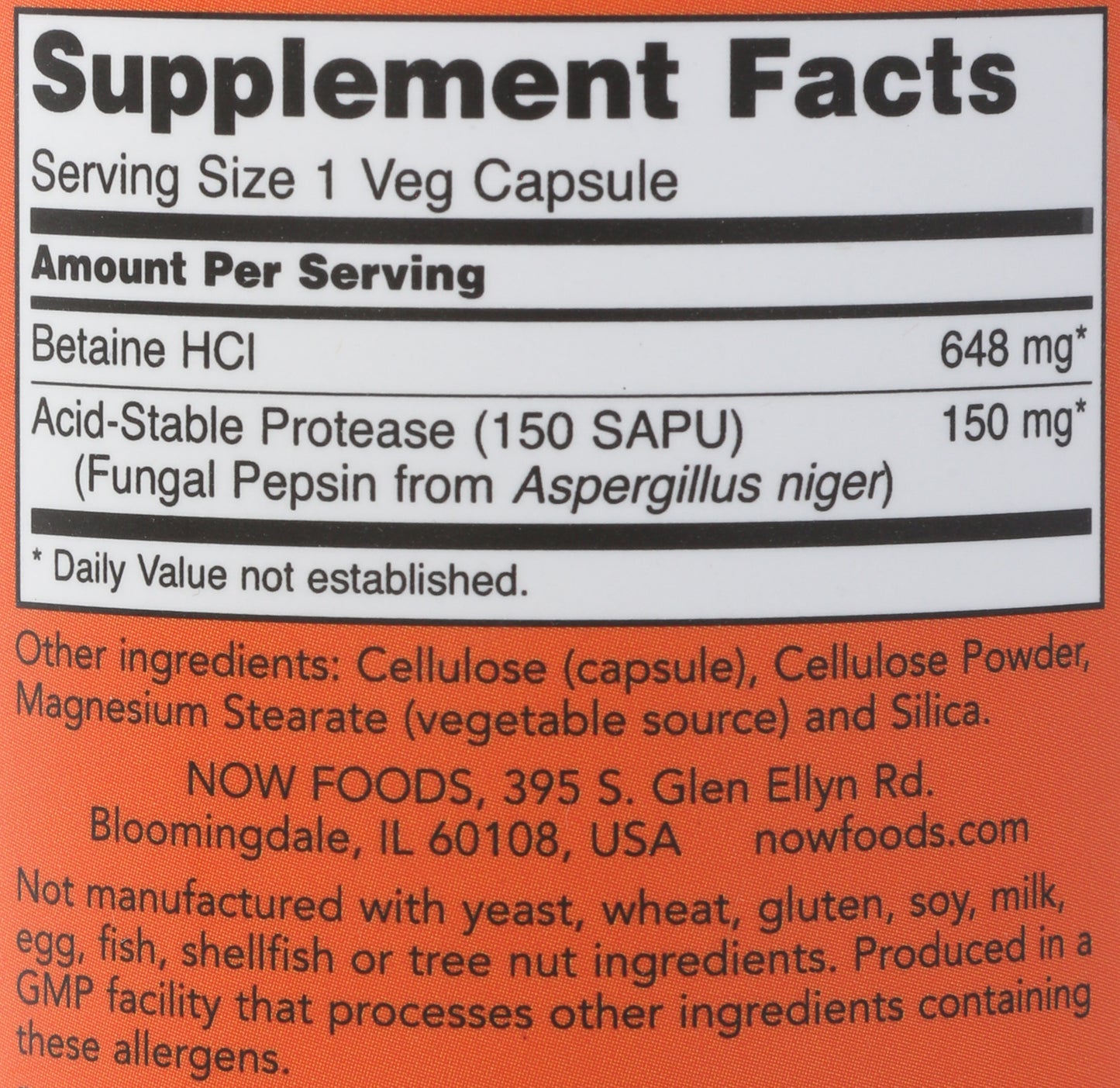 NOW Betaine HCI 648mg 120 Veg Capsules Back