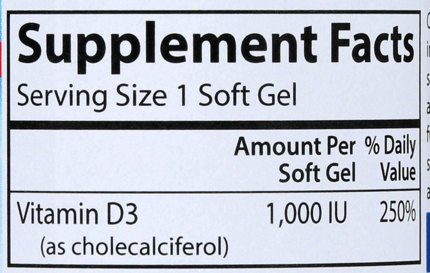 Carlson Vitamin D3 1,000 IU 100 Soft Gels Back of Bottle