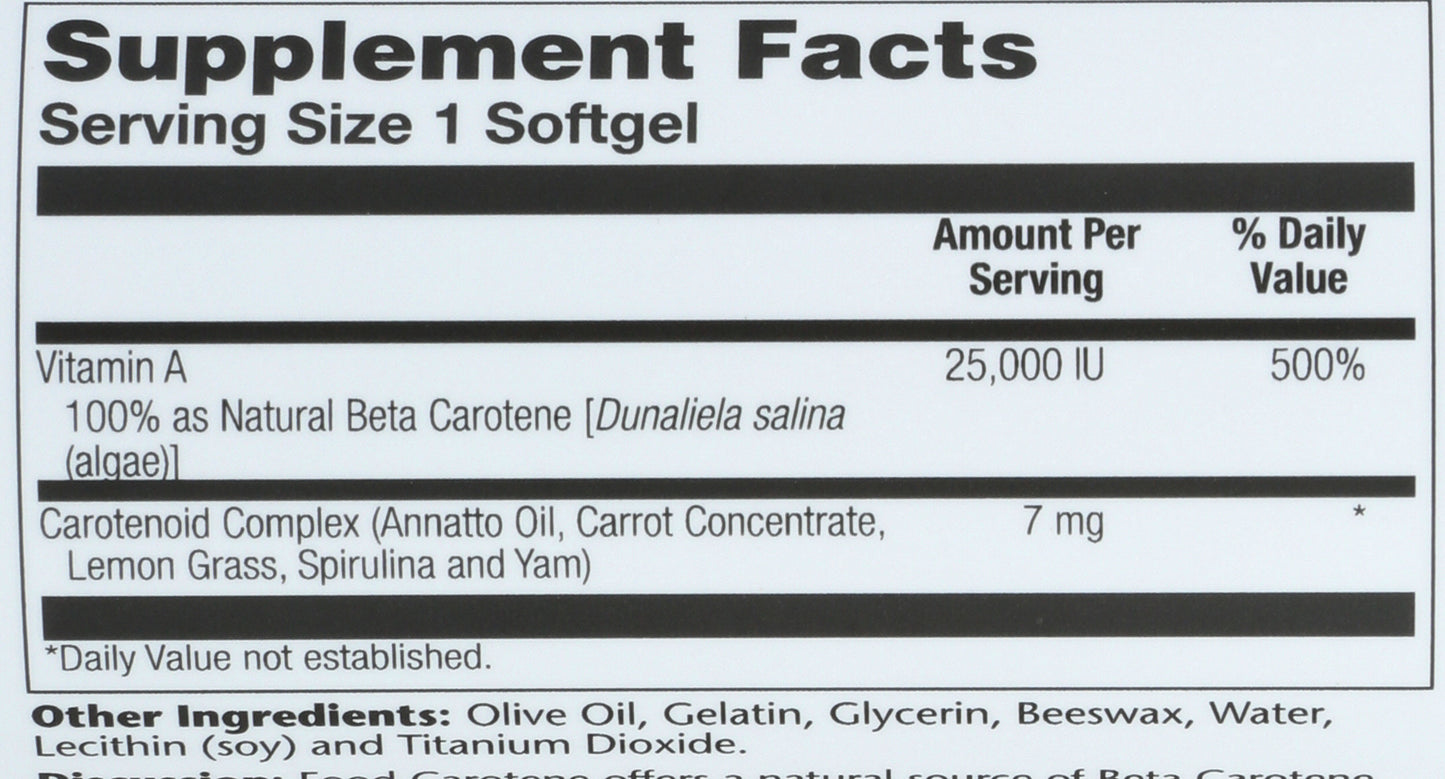 Solaray Food Carotene 25,000 IU 50 Soft Gels Back of Bottle