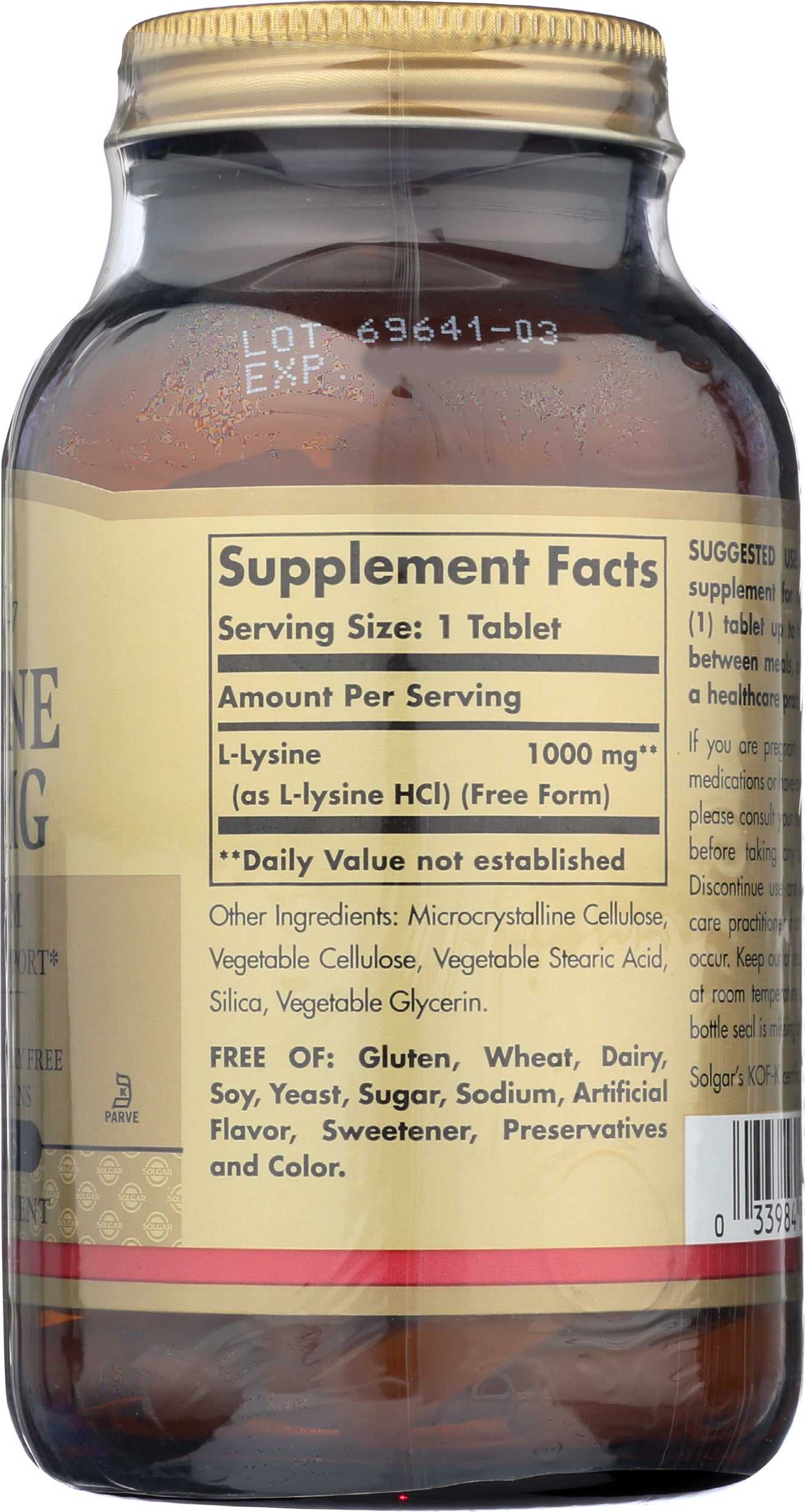 Solgar L-Lysine 1000 mg 100 Tablets Back