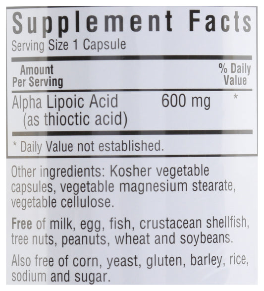 Bluebonnet Alpha Lipoic Acid 600mg 60 Vegetable Capsules Back
