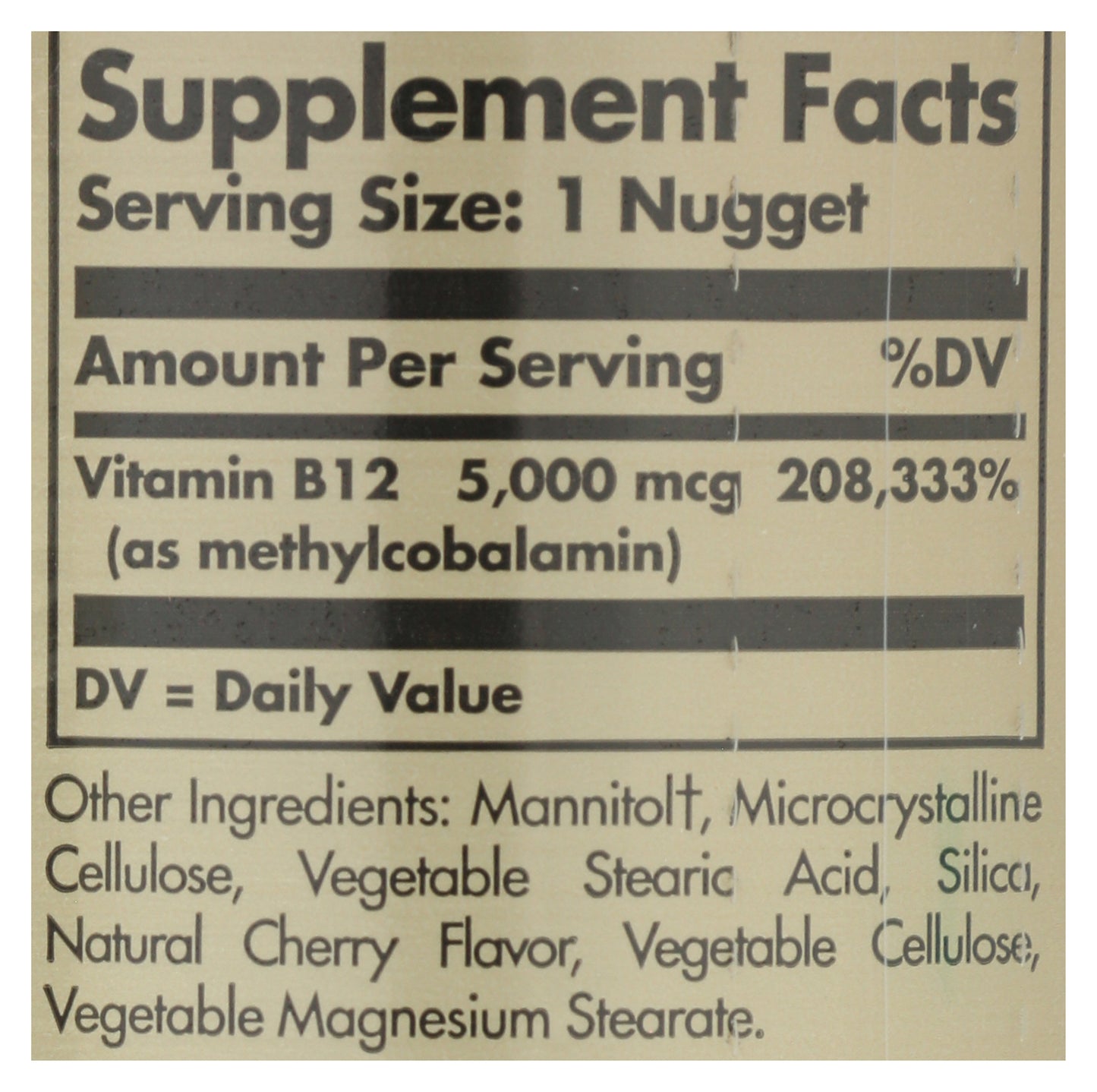 Solgar Methylcobalamin Vitamin B-12 5000 mcg 60 Nuggets Back of Bottle