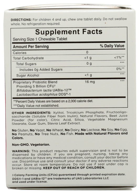 American Health Probiotic Kid Strawberry Vanilla Flavor 30 Chewable Tablets Back