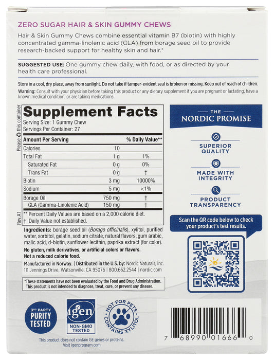 Nordic Naturals Hair & Skin Zero Sugar 27 Gummy Chews Back