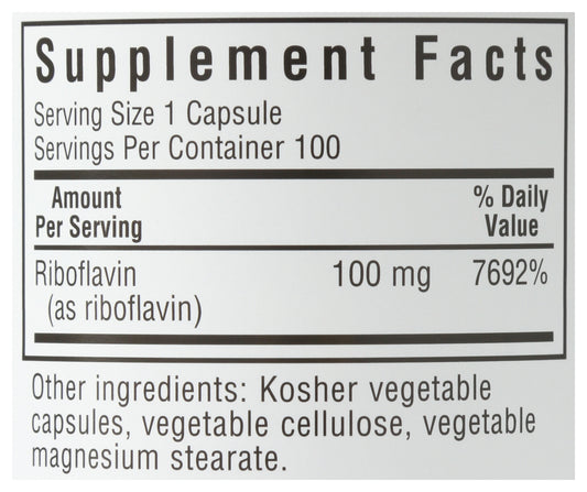 Bluebonnet Vitamin B2 100 mg 100 Capsules Back of Bottle