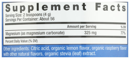 Natural Vitality Calm Magnesium Supplement Raspberry-Lemon Flavor 8oz Back of Bottle