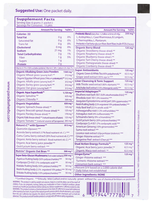 Paradise Orac Energy Greens 0.2oz Back of Packet