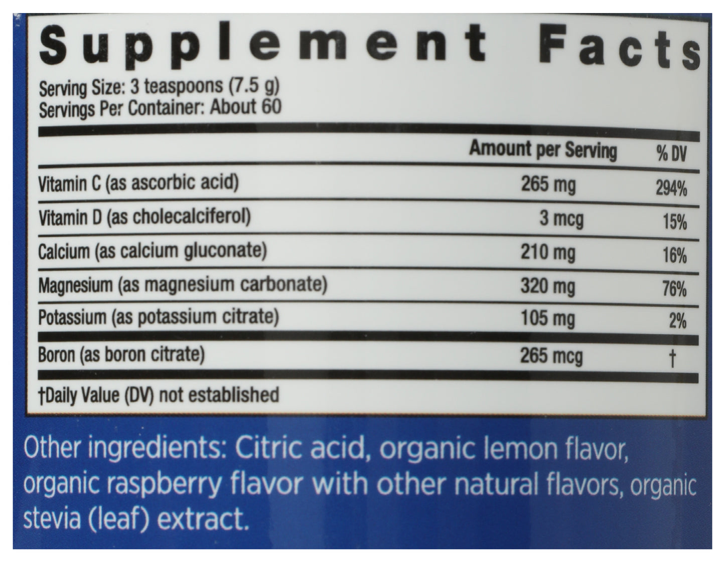 Natural Vitality Calm Magnesium Supplement Plus Calcium Raspberry-Lemon Flavor 16oz Back of Bottle