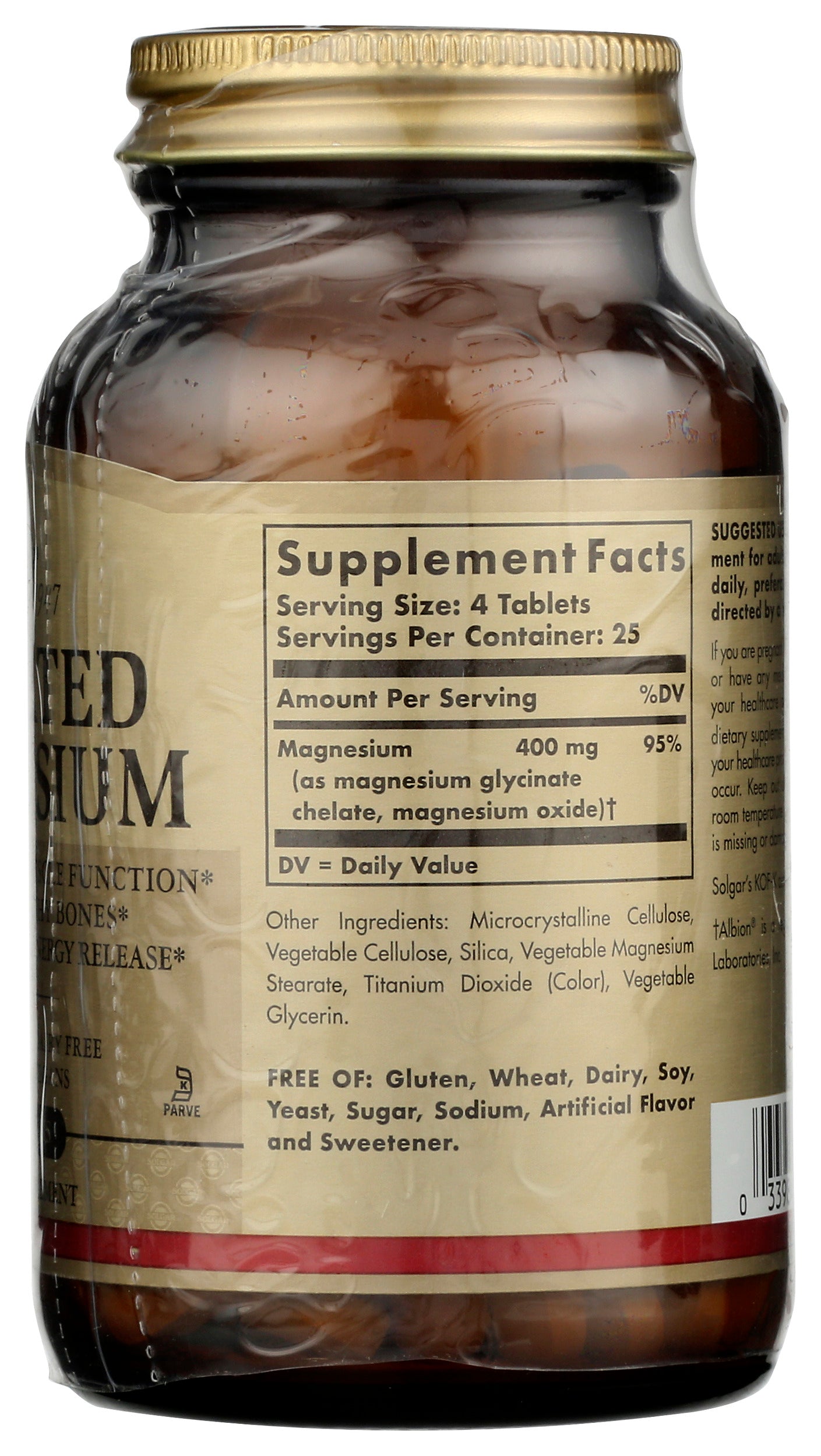 Solgar Chelated Magnesium100 Tablets Back of Bottle