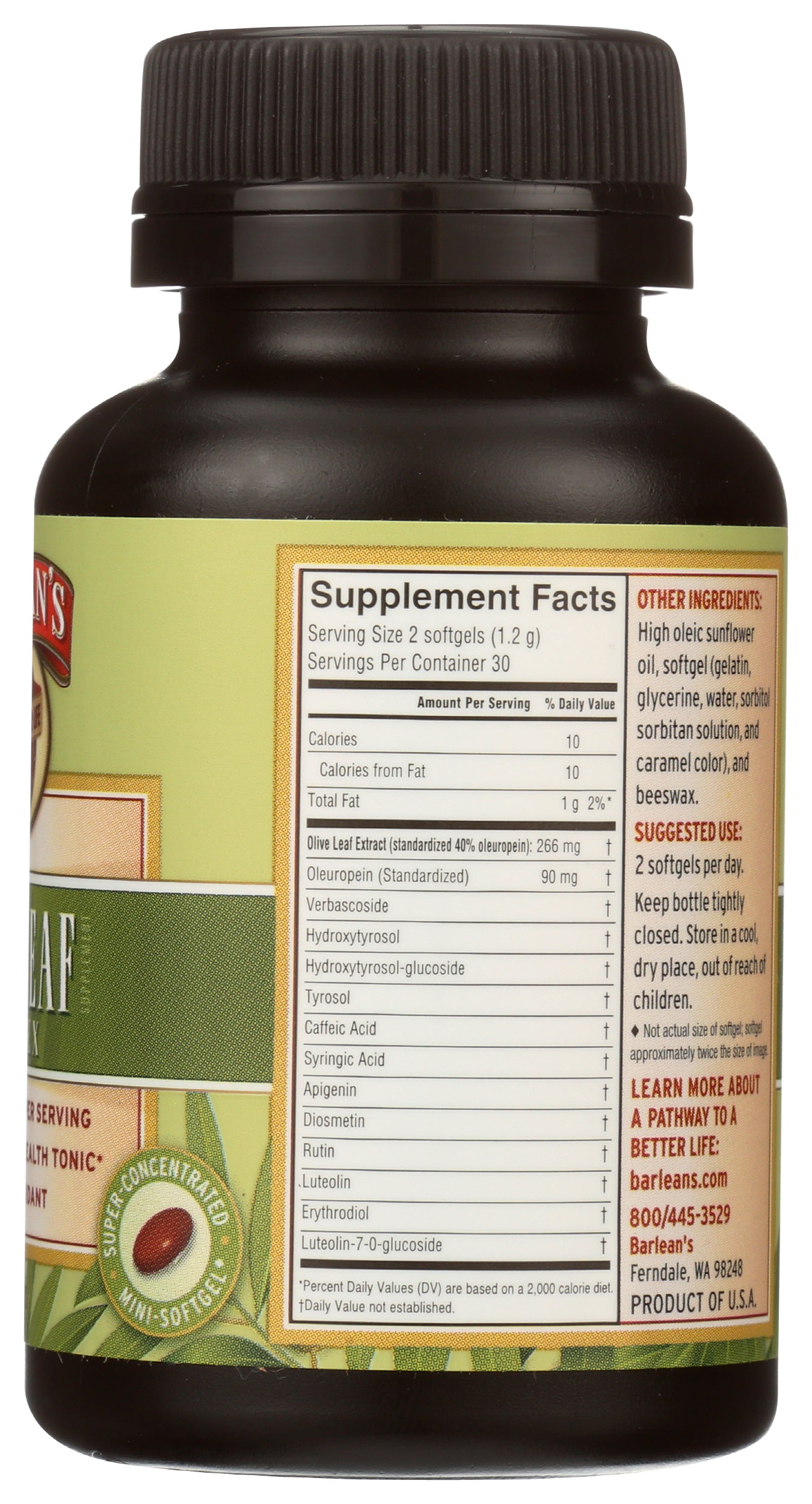 Barlean's Olive Leaf Complex 60 Softgels Back of Bottle