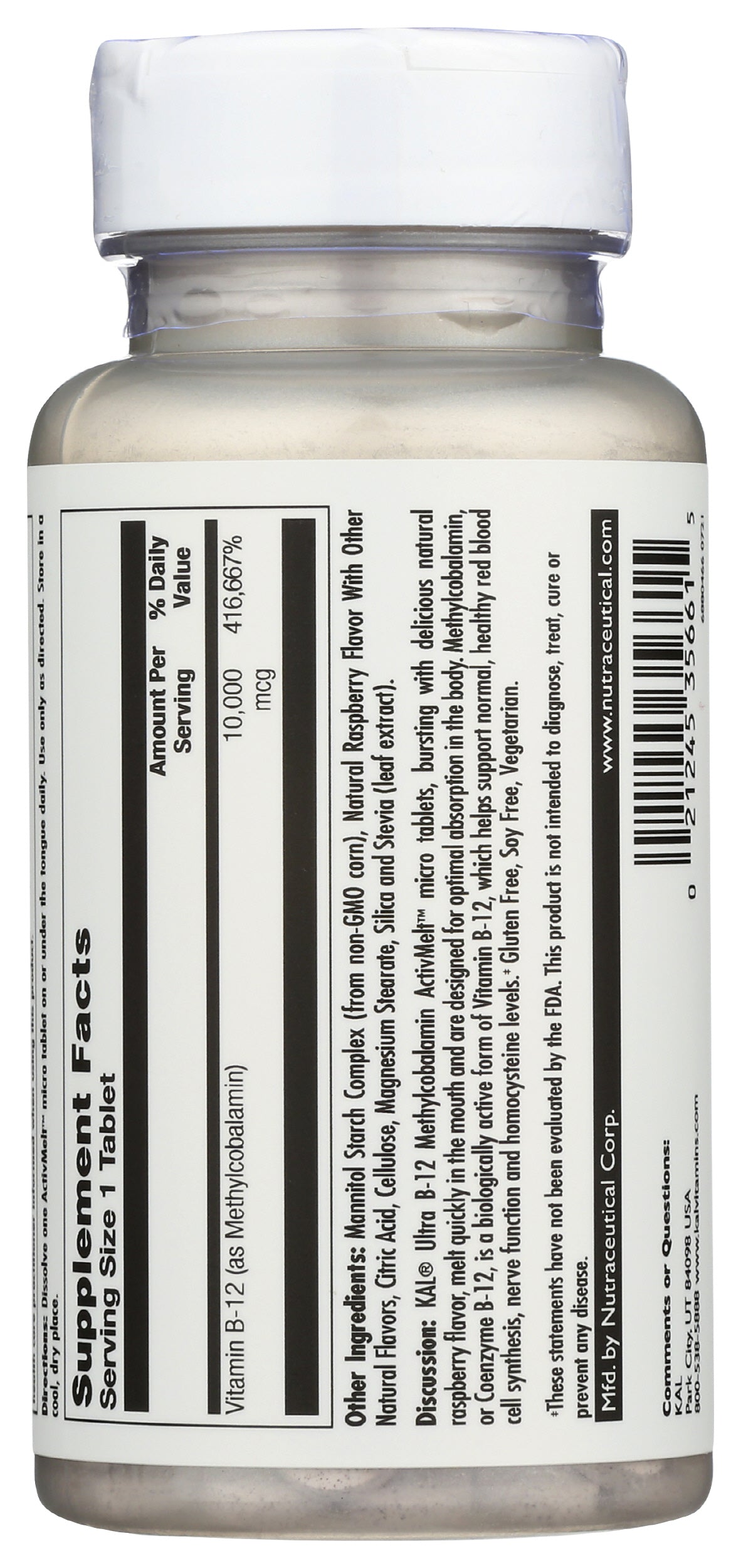 KAL Methylcobalamin Ultra B-12 10,000 mcg 30 Tablets Back of Bottle