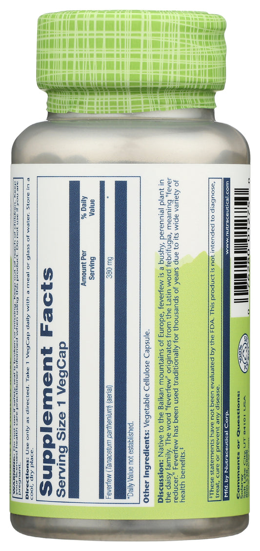 Solaray Feverfew 380 mg 100 VegCaps Back of Bottle