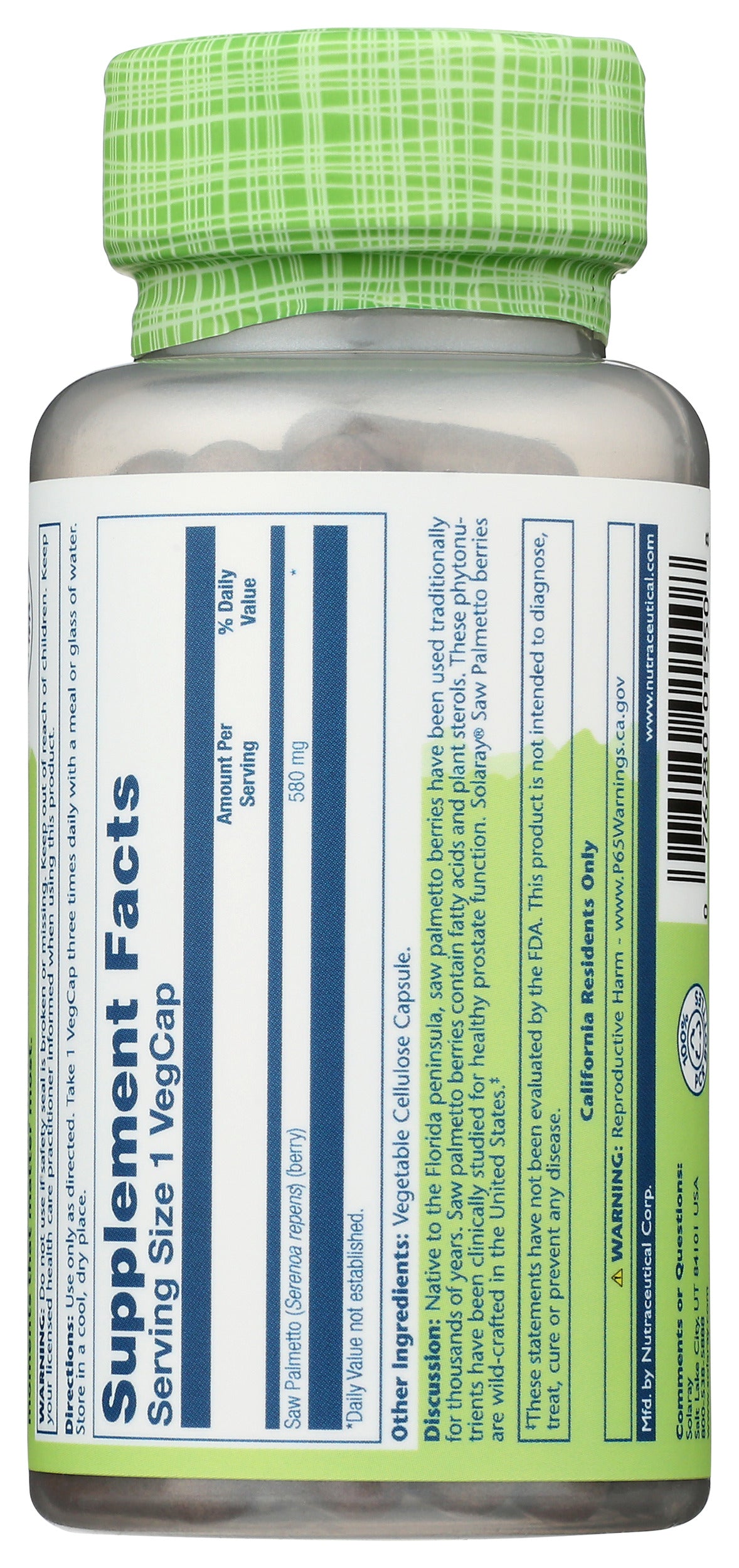 Solaray Saw Palmetto 580 mg 100 VegCaps Back of Bottle